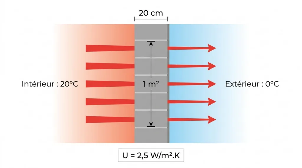 Schéma du coefficient U isolation : flux de chaleur traversant une paroi entre un intérieur à 20°C et un extérieur à 0°C, illustrant la transmission thermique surfacique.