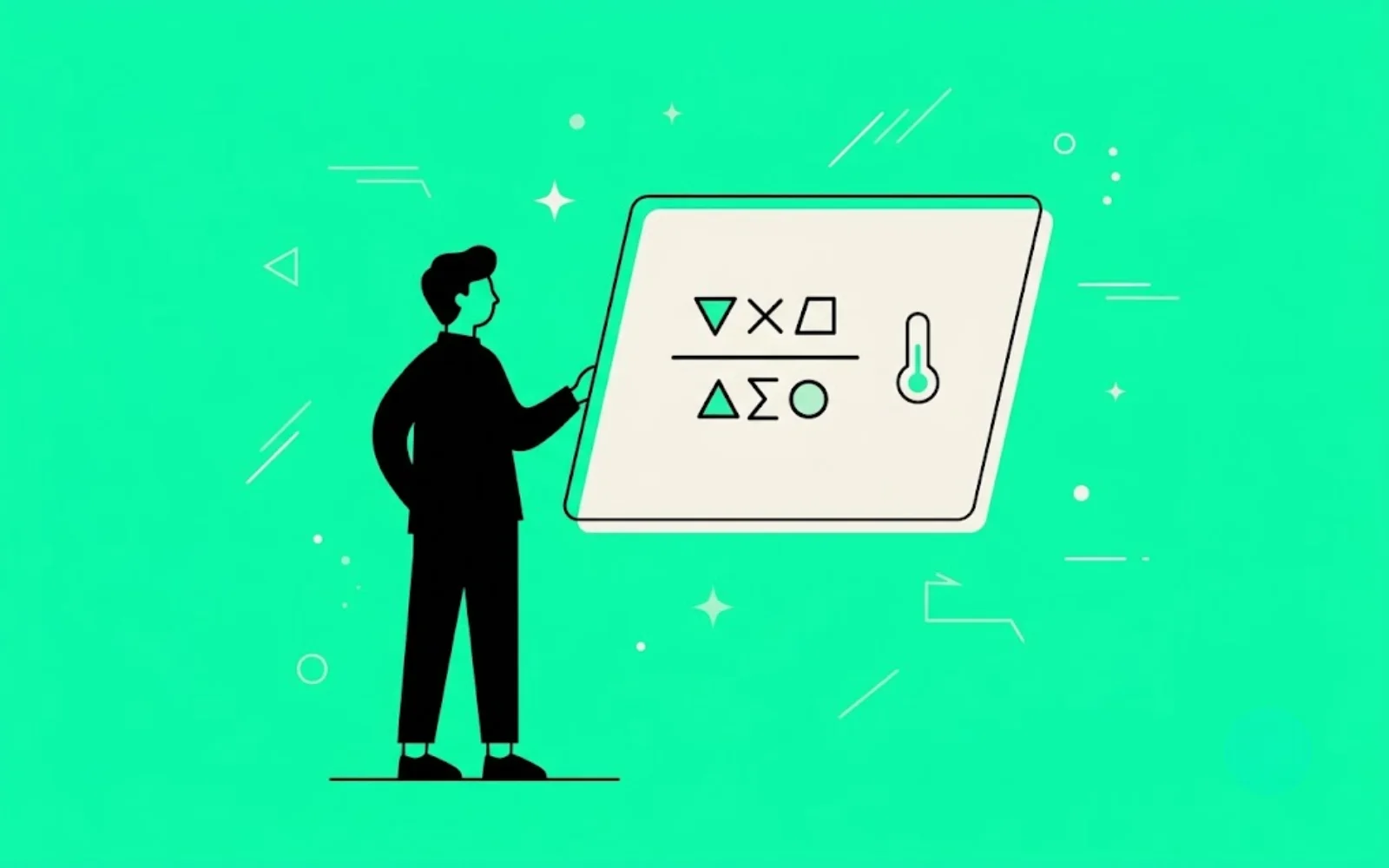 Illustration du calcul de la résistance thermique d'un isolant : un homme au tableau devant une formule et un thermomètre