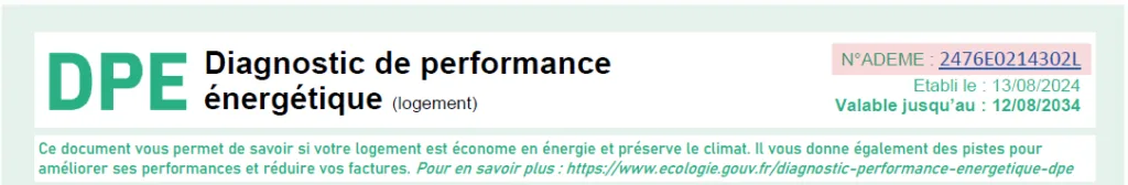 En-tête d'un DPE avec son numéro ADEME, sa date d'établissement et sa date de fin de validité