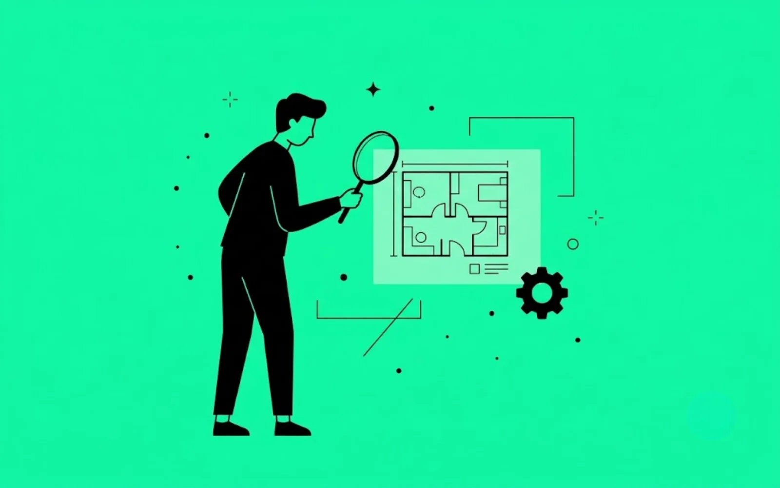 Illustration de la réalisation d'un DPE projeté : un homme examine à la loupe le plan d'un logement