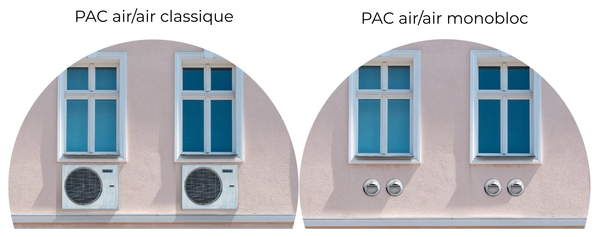 Façade d’immeuble avec deux unités extérieures de PAC air/air classique, face à la même façade équipée de PAC monobloc réduites à deux grilles rondes