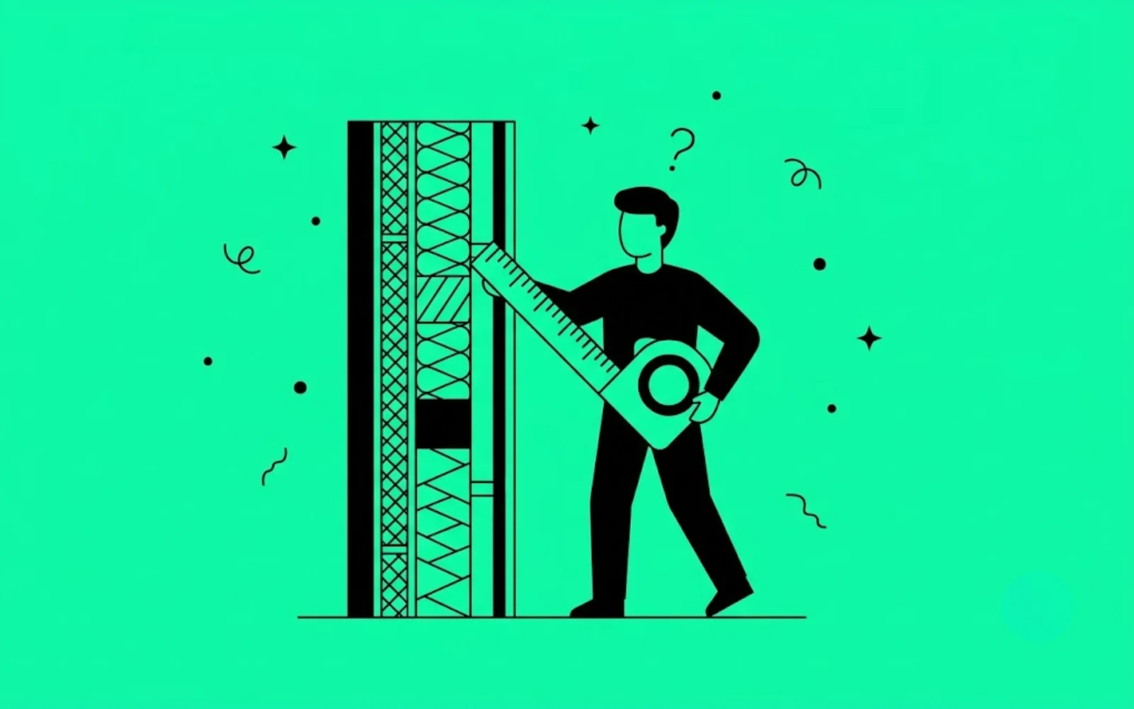 Illustration de l'épaisseur d'isolant et du DPE : un homme mesure au mètre l'épaisseur d'isolant dans une coupe de mur