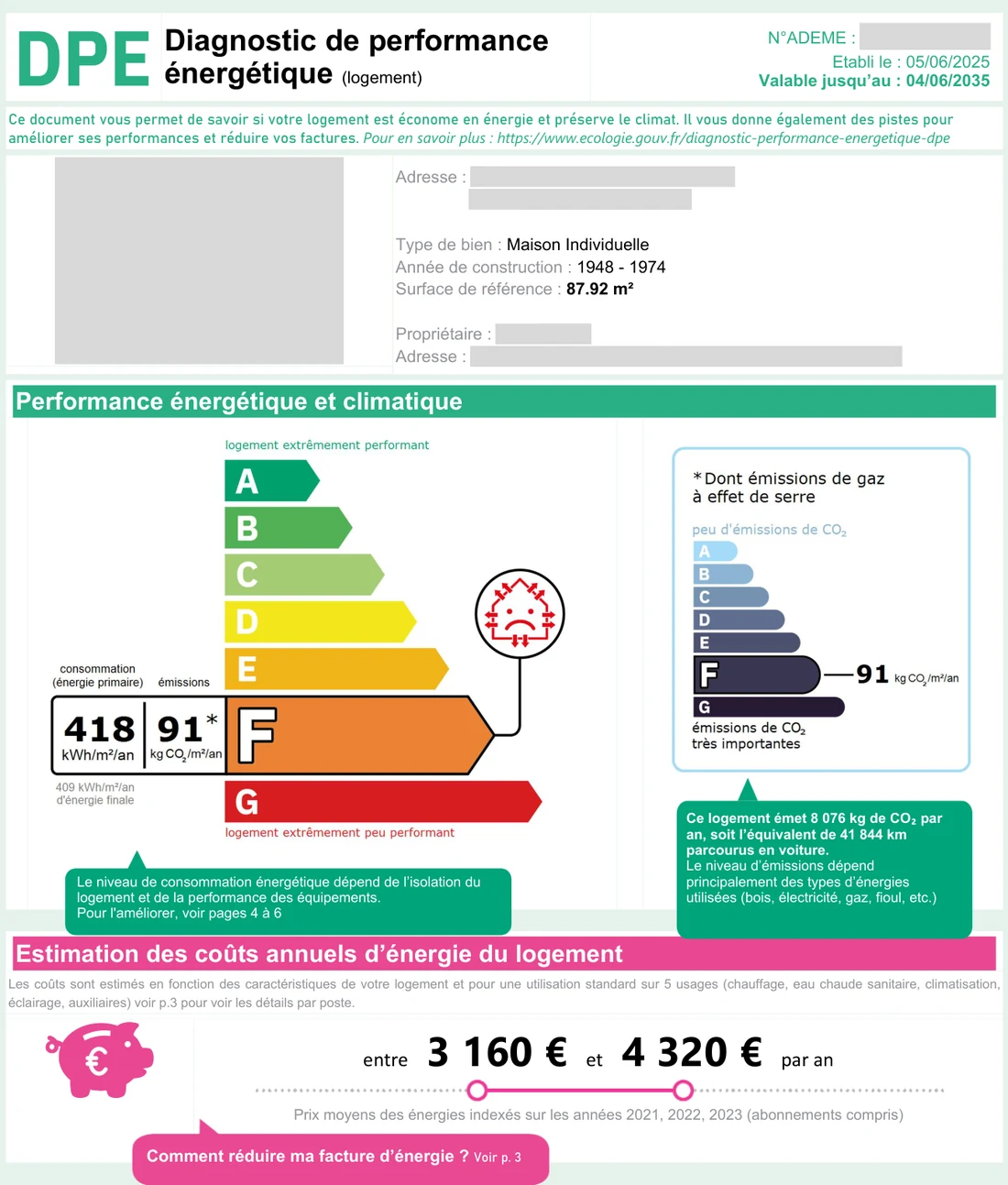 Première page du DPE initial : classe F, 418 kWh/m²/an et 91 kg CO2/m²/an, facture estimée entre 3 160 et 4 320 € par an