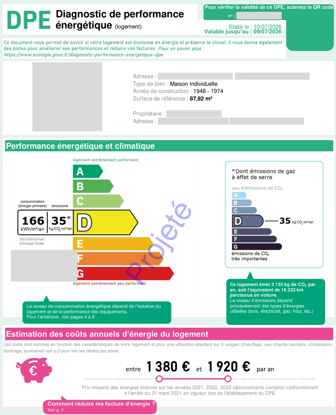 Première page du DPE projeté : classe D, 166 kWh/m²/an et 35 kg CO2/m²/an, facture estimée entre 1 380 et 1 920 € par an