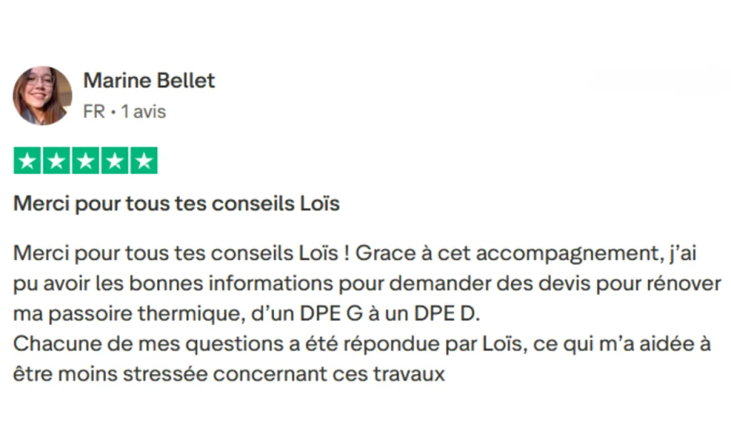 Avis Trustpilot 5 étoiles laissé par Marine Bellet sur l'accompagnement Rénovation Optimale