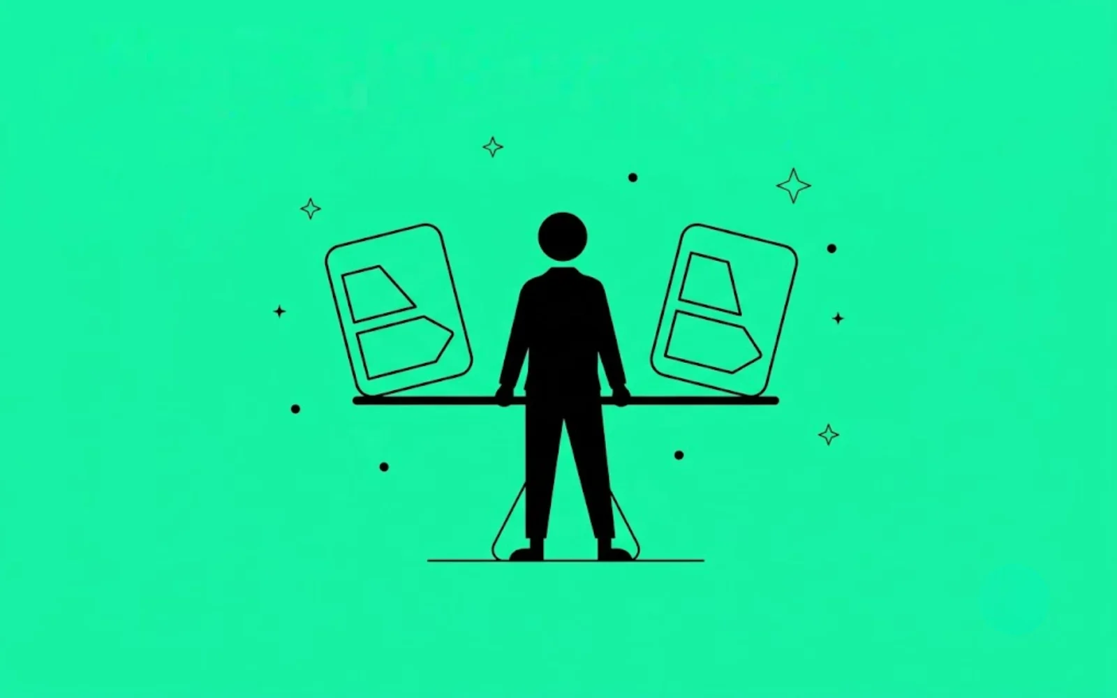 Illustration de l'arbitrage entre classe A et classe B : un homme en équilibre tient deux étiquettes énergie sur une balance