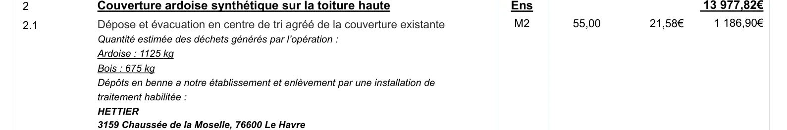 Extrait d&rsquo;un devis de toiture conforme détaillant la quantité de déchets générés en kilogrammes et le point de collecte identifié