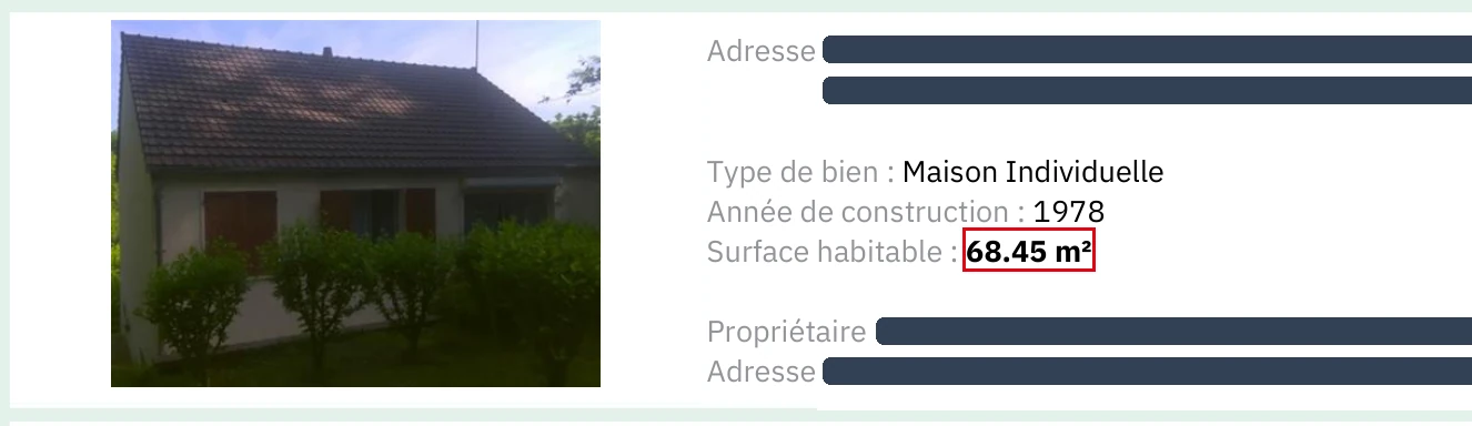 Encadré de la première page d&rsquo;un DPE avec la surface habitable encadrée en rouge, deuxième étape d&rsquo;une simulation nouveau DPE
