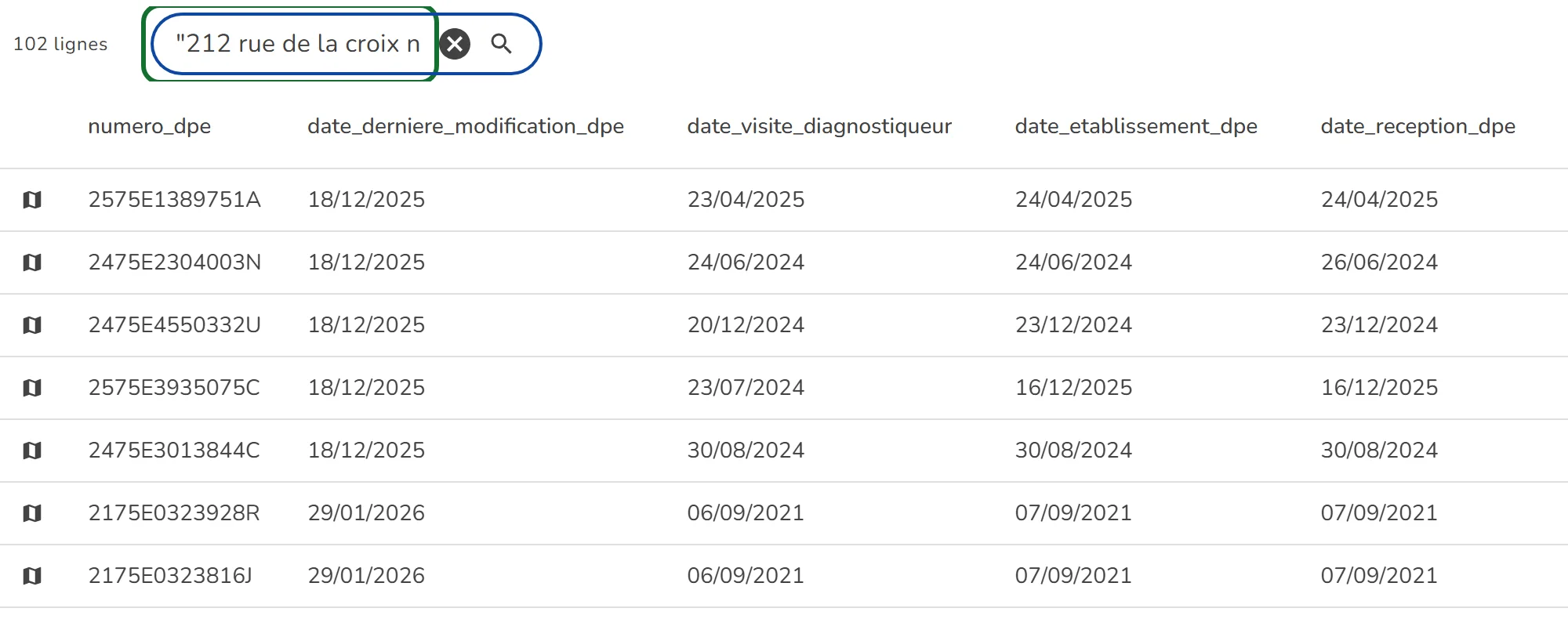 Trouver un DPE avec adresse : recherche entre guillemets dans la base ADEME, 102 résultats