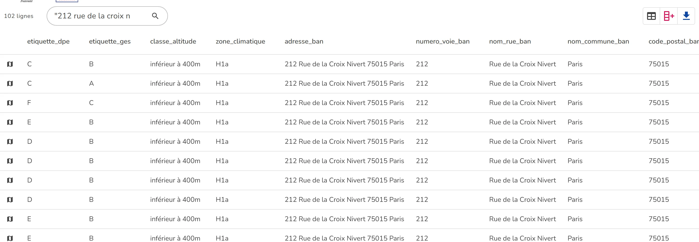Résultats de la recherche avec les colonnes etiquette_dpe et adresse_ban visibles