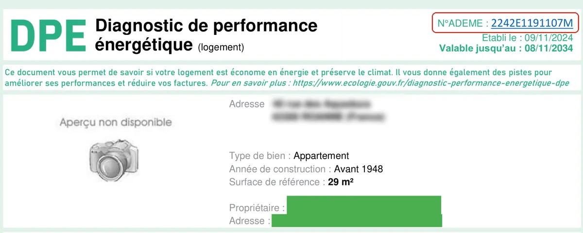 Numéro ADEME à 13 caractères encadré en haut de la première page d&rsquo;un DPE