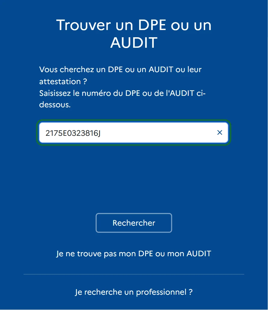 Saisie du numéro ADEME à 13 caractères dans l&rsquo;Observatoire DPE-Audit pour vérifier un DPE