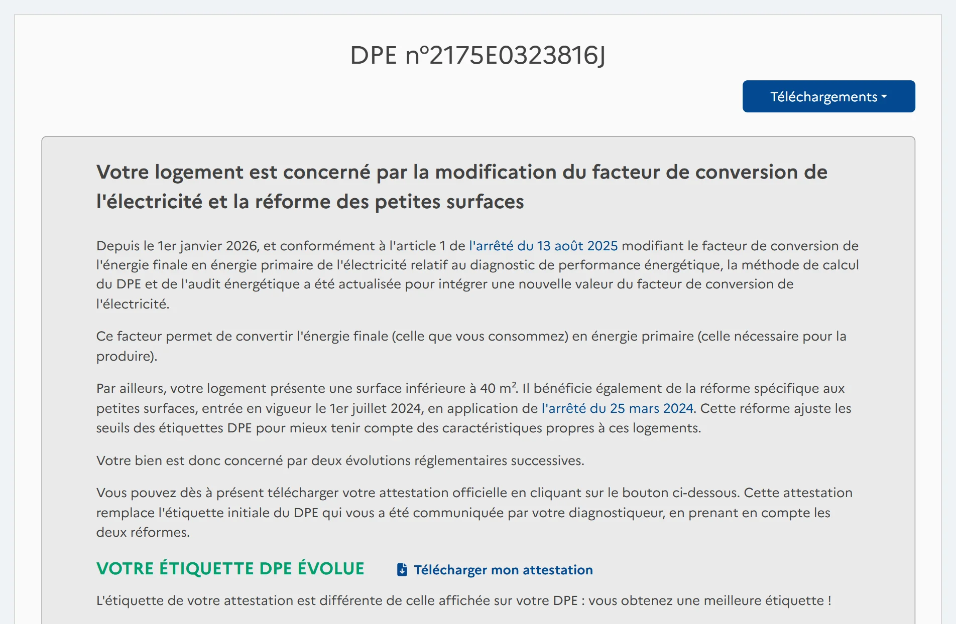 Message de l&rsquo;Observatoire ADEME indiquant que l&rsquo;étiquette DPE évolue après la réforme du facteur de conversion