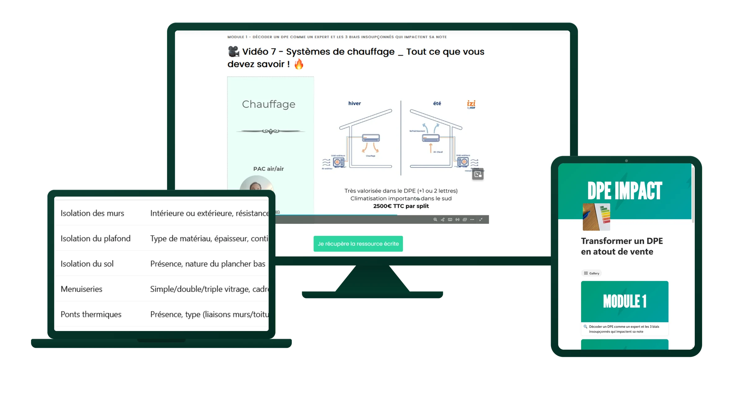La formation DPE Impact affichée sur un ordinateur de bureau, un portable et une tablette