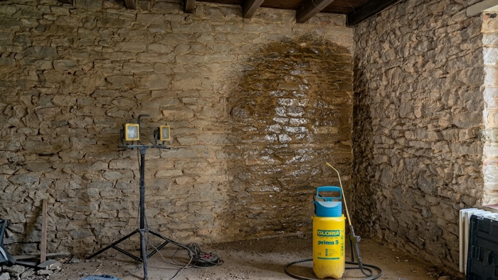 Mur en pierre d'une pièce en chantier, largement mouillé sur toute une zone plus foncée, avec un pulvérisateur à pression posé au pied du mur