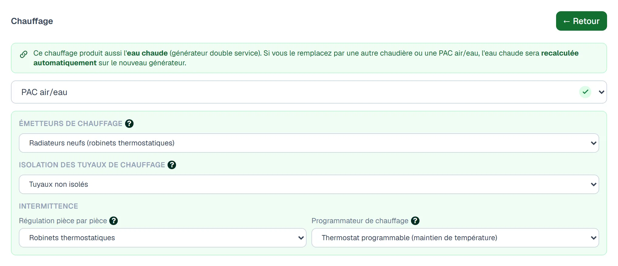 Le poste Chauffage ouvert dans le simulateur, une PAC air/eau sélectionnée à la place du chauffage existant