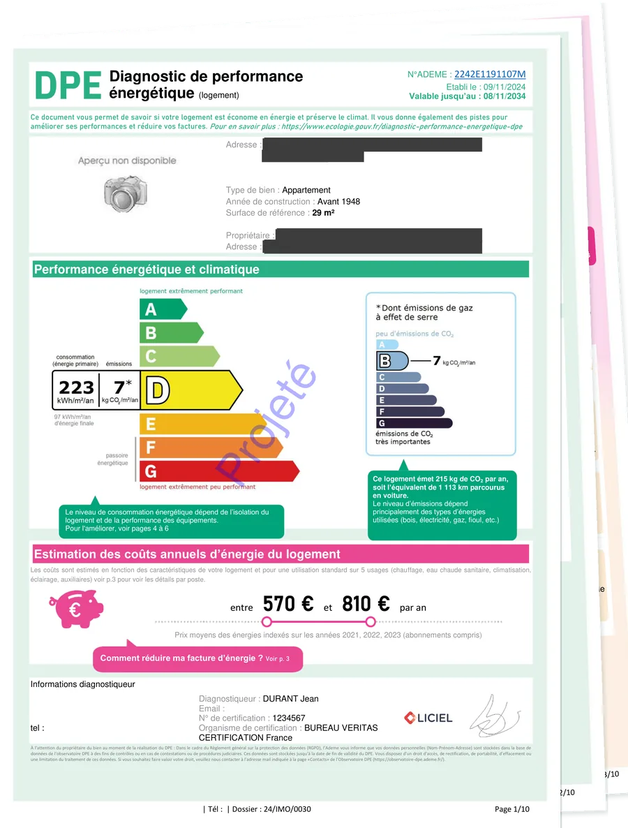 Les premières pages d'un DPE projeté en classe D, le document remis à la banque
