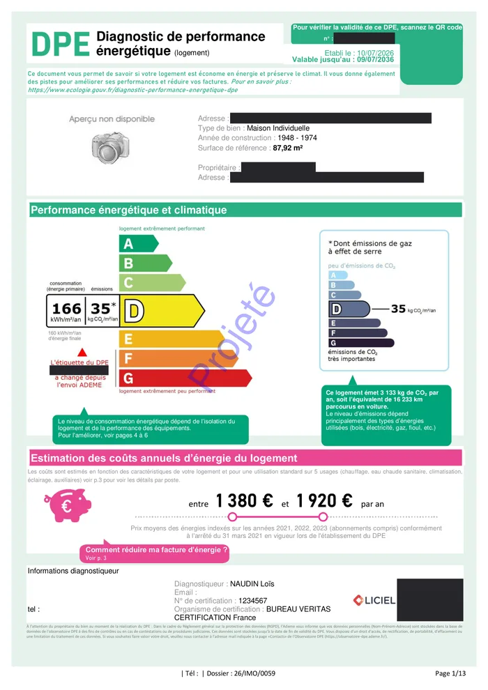 Première page d'un DPE projeté : classe D à 166 kWh/m²/an, avec le mot Projeté en filigrane sur l'étiquette