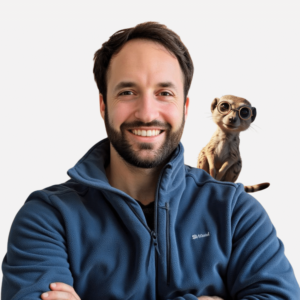 Loïs Naudin et le suricate, mascotte de Rénovation Optimale