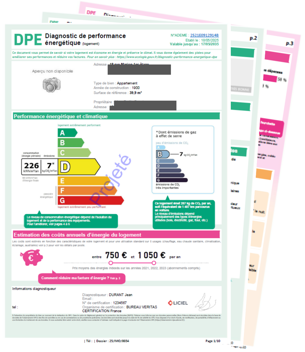 DPE projeté DPE projeté indiquant la classe énergétique future après rénovation