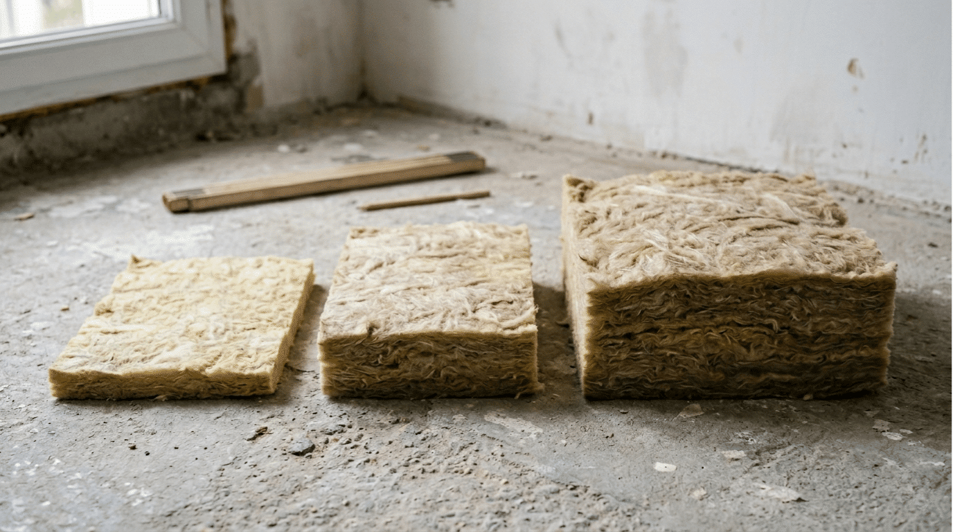 Panneaux d'isolant de différentes épaisseurs sur un chantier de rénovation, illustration de l'impact de l'épaisseur d'isolant sur le DPE