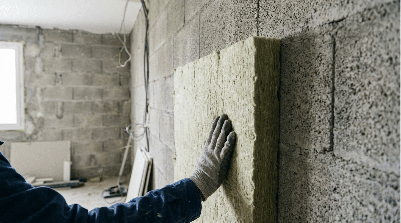 Pose d'un panneau isolant sur un mur de parpaing lors d'une rénovation, illustrant l'impact du coefficient U isolation sur les déperditions thermiques d'une paroi.