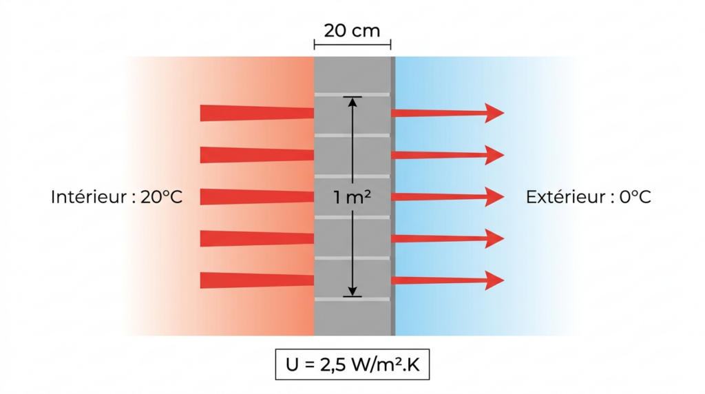 Schéma du coefficient U isolation : flux de chaleur traversant une paroi entre un intérieur à 20°C et un extérieur à 0°C, illustrant la transmission thermique surfacique.