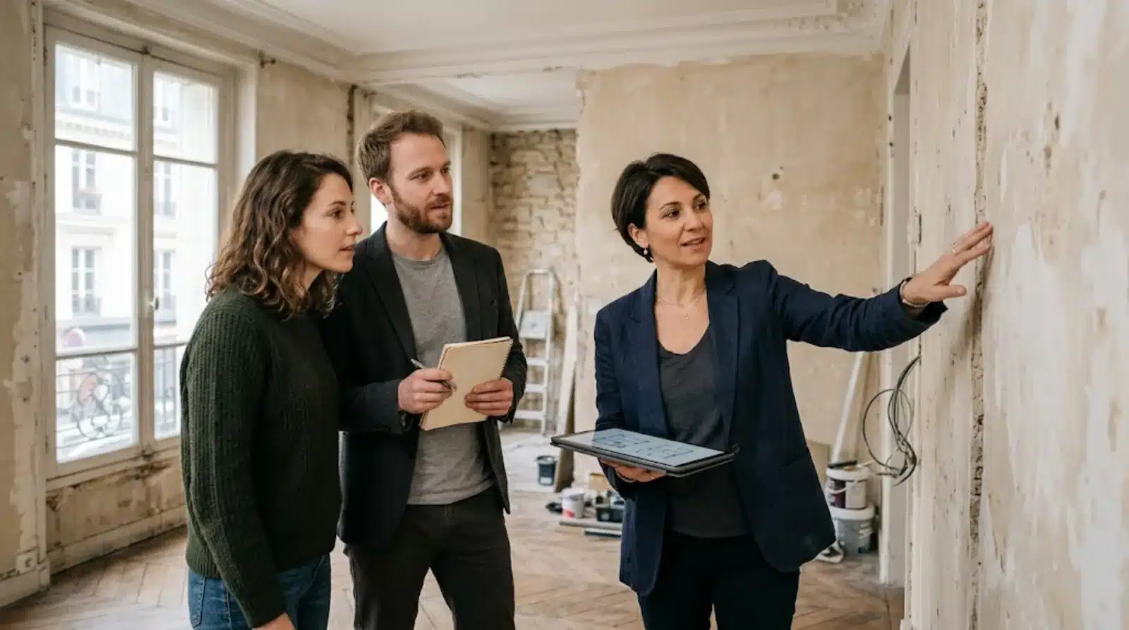Agent immobilier expliquant les leviers de rénovation à un couple d'acheteurs lors d'une visite de passoire thermique