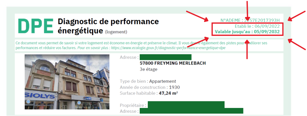 Exemple de DPE avec les dates d'établissement et de validité entourées, illustrant combien de temps est valable le DPE