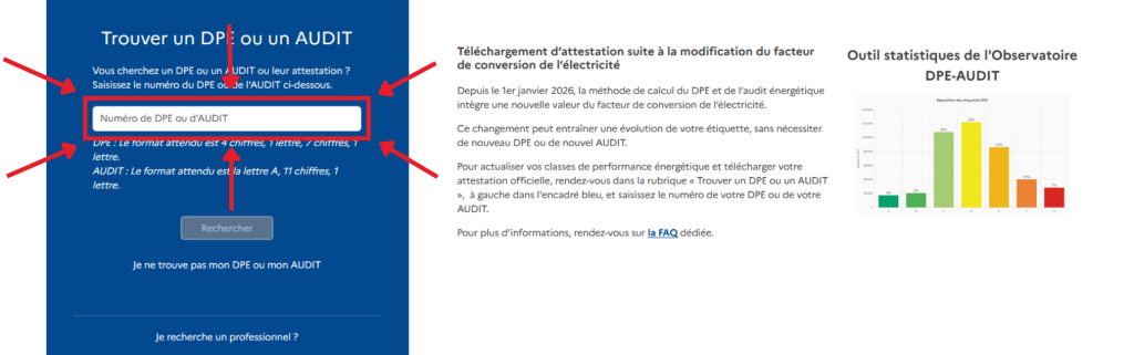 Outil de l'Ademe pour retrouver un DPE et télécharger l'attestation mise à jour après le changement de coefficient électrique 2026